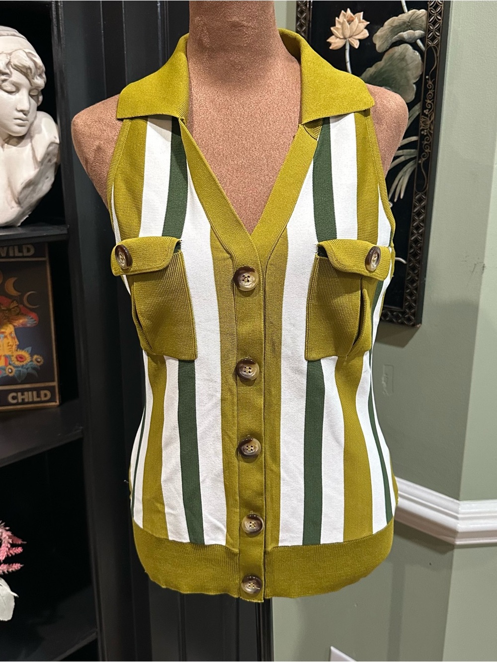 7th Avenue Design Studio Striped Sleeveless Button‑Front Top Size Small